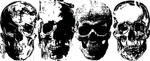 Four detailed black and white human skull illustrations with high contrast and textured shading