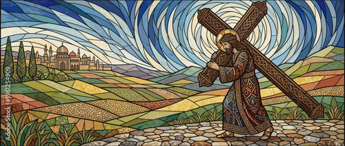 Vibrant Stained Glass Illustration of Jesus Christ Carrying the Heavy Cross on the Road to Calvary, Symbolizing Sacrifice, Redemption, and Christian Faith for Easter and Lent.