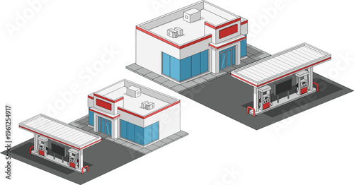 Gas station illustration, fueling area design, roadside service architecture, modern building artwork, convenience store vector, cad drawing flat vector illustration