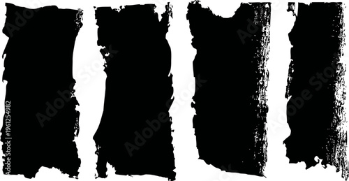 Grunge black ink brush strokes set on white background with rough textured edges and irregular shapes