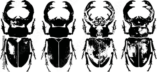 Monochrome stag beetles illustration with detailed mandibles and segmented bodies in a row