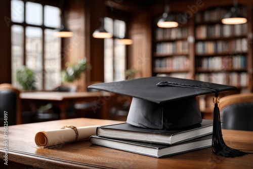 Graduation cap placed on top of stacked books alongside a rolled diploma on a wooden table in a library, featuring large windows and bookshelves filled with books in the background