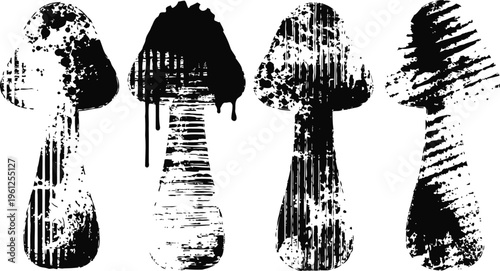 grunge black mushrooms silhouette set distressed forest fungi shape illustration nature elements