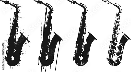 Silhouettes of saxophones with grunge and dot art styles against white background