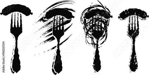 Black silhouettes of forks with sausages and artistic smeared, scratched, and scribbled brush stroke effects