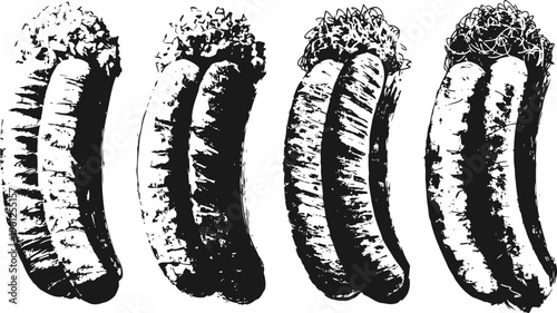 Grilled sausages with herbs close up traditional barbecue food, juicy meat cooked on grill with fresh seasoning