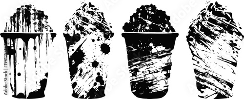 four disposable coffee cups with black ink grunge textures and splatter effects isolated on white