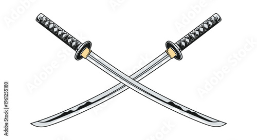 Crossed samurai katana swords feature ornate black hilts and curved steel blades as a powerful symbol of Japanese warrior heritage.
