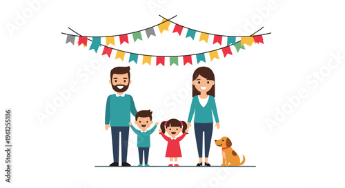 Happy cartoon family stands together with their pet dog under colorful party flags to celebrate a special festive occasion.