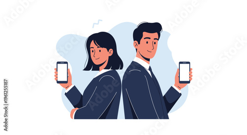 Professional business man and woman stand back to back while holding up smartphones with blank screens for mobile app display.