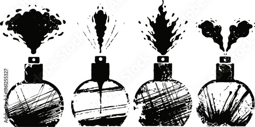 black and white vintage perfume sprays grunge scent bottles with mist splashes cosmetic beauty fragrance design