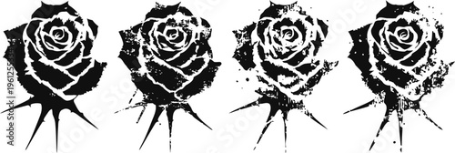 black grunge roses silhouette design set, vintage floral art with distressed texture on white background