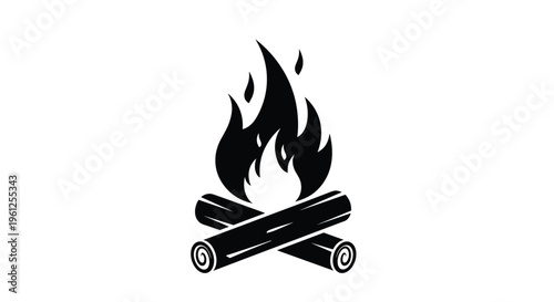 Campfire silhouette with burning logs and stylized flames is a perfect icon for outdoor camping and wilderness adventure themes.