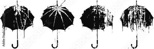 Black dripping umbrella silhouettes set grunge rainy weather concept, ink splatter design