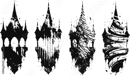 Abstract gothic castle silhouettes dark fantasy architecture, grunge ink splatter texture banners