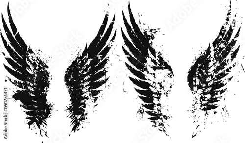 Grunge black angel wings design set distressed feathered wings in varying styles with splatter effects