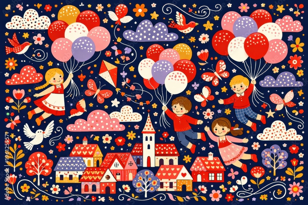Naklejka premium Illustration of joyful children flying with balloons over a sweet village