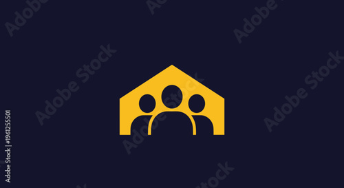 Three human figures stand inside the yellow silhouette of a house to represent family community or home insurance on a navy background.