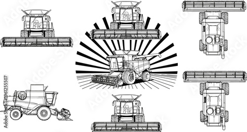 Multiple detailed black and white combine harvester illustrations from different angles including front, side, and top views showcasing modern agricultural machinery and crop harvesting equipment
