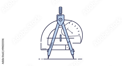 Geometric drawing tools including a metal compass and a protractor are shown as line art representing engineering and mathematics.