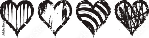 grunge black hearts with various textured patterns hand drawn distressed love symbols on white background