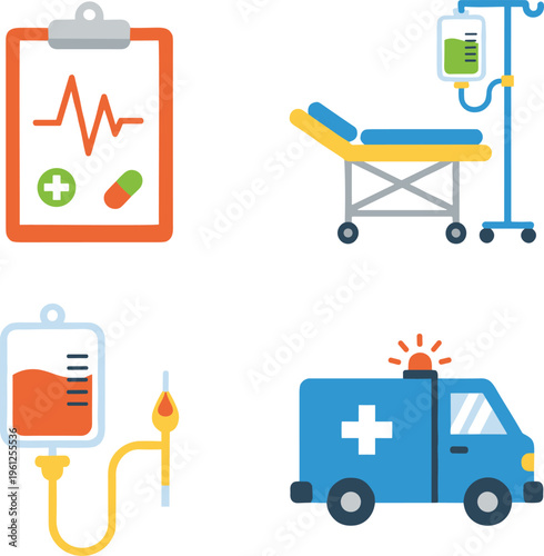 Medical equipment clipboard with ekg infusion bag stretcher ambulance car.
