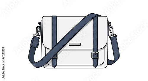 Classic white messenger bag with dark navy blue straps and metal buckles is illustrated as a stylish accessory for work or travel.