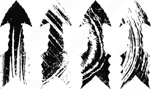 set of four distressed black arrow silhouettes with rough grunge textures and worn effects