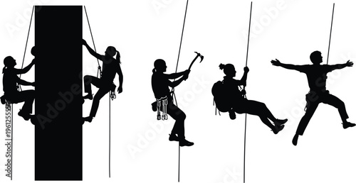 Silhouettes of industrial rope access workers and climbers isolated on white background, safety harness professionals performing high altitude tasks, construction, maintenance, and adventure activity 