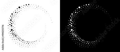 Abstract circular halftone pattern with dynamic swirling dots. Minimalist vector illustration of digital vortex shape isolated on black and white backgrounds.