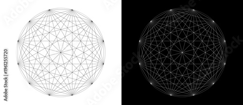 Abstract geometric circular pattern with complex line network. Minimalist vector illustration of sacred geometry mandala isolated on black and white backgrounds.