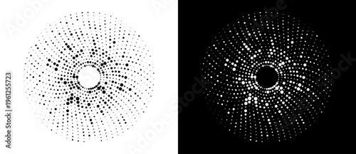 Abstract circular halftone pattern with scattered dots in radial arrangement. Minimalist vector illustration of digital grain explosion isolated on black and white backgrounds.