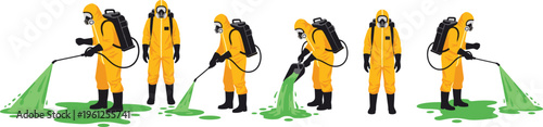 Hazmat suit workers, protective gear illustration, decontamination spraying, hazardous material cleanup, safety procedure artwork, cad drawing flat vector illustration