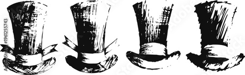 vintage black top hats set in hand drawn sketch with ribbon bands, antique fashion accessories