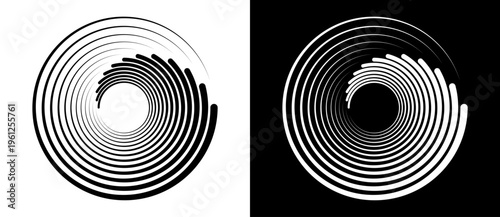 Abstract circular spiral pattern with dynamic concentric lines. Minimalist vector illustration of swirling vortex shape isolated on black and white backgrounds.