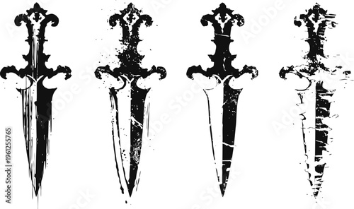 set of four vintage dagger silhouettes with intricate handles and pointed blades black and white weapon illustrations