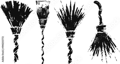 rustic handmade brushes with natural bristles and twisted handles set in black silhouette