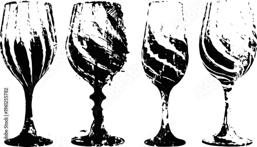 Four elegant wine glasses with artistic abstract swirl designs in black and white