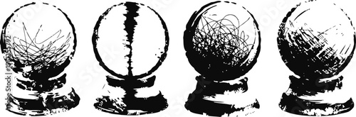 vintage crystal balls on stands with sketchy black ink isolated on white background