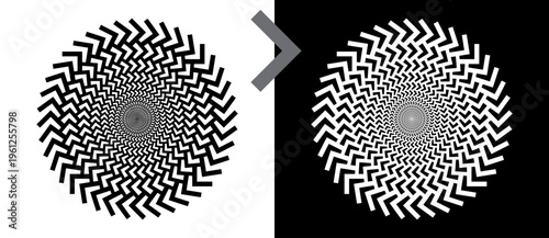 Abstract spiral pattern with zigzag chevron lines and optical illusion effect. Minimalist vector illustration of geometric vortex isolated on black and white backgrounds.
