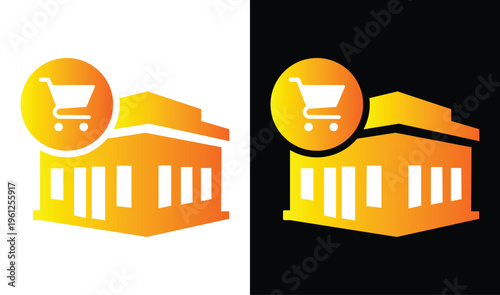 Golden-Orange Gradient Stylized E-Commerce Icon Combining a Supermarket Storefront and Shopping Cart for Mobile Apps, Web Graphics, and Retail Branding