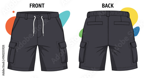 Cargo shorts mockup shows front and back views with side pockets and a white drawstring waist for casual summer menswear designs.