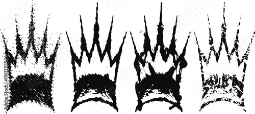 Black paint brush strokes with crown shapes artistic textured elements, grunge style, design and decoration
