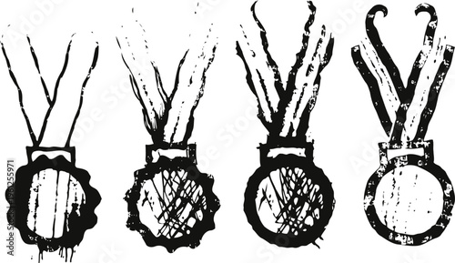 Four vintage medals with ribbons in grunge style, classic award and achievement symbols