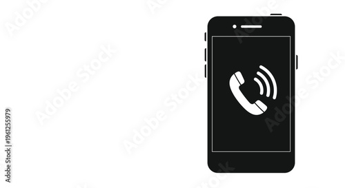 Smartphone silhouette shows an incoming call icon with the telephone receiver and signal waves on a solid black device body.