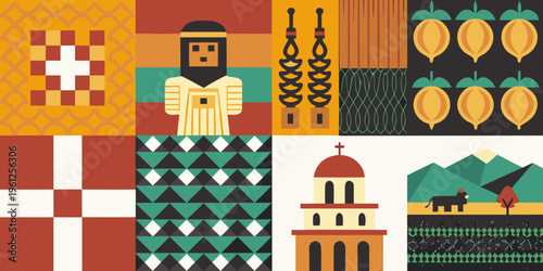 Stylized geometric patterns representing various cultural landmarks and symbols