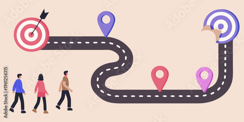 People navigating a winding road toward targets symbolizing goal achievement