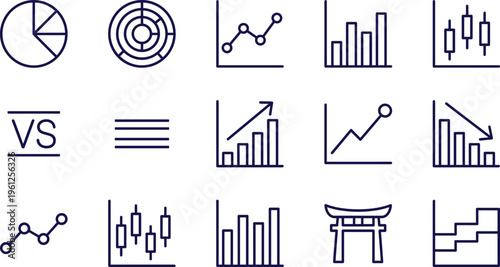 Business data analysis line icon set featuring financial charts, pie graph, candlestick bars, growth arrow, target, comparison, and trading statistics.