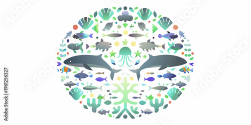 An artistic depiction of marine life arranged in a circular composition