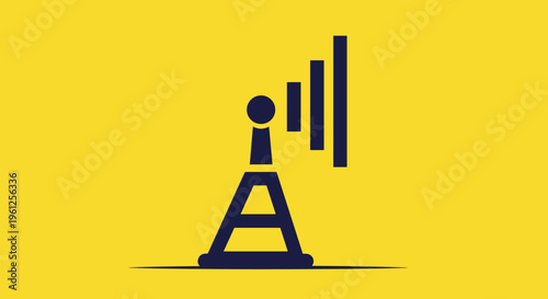 Dark blue radio or cellular signal tower icon emitting waves stands against a bright yellow background for connectivity.